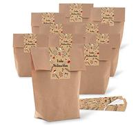 LeBKUCHENMANN Lot de 10 sachets en papier kraft naturel Marron 14 x 22 x 5,6 cm + 10 autocollants de Noël autocollants de Noël Noir beige blanc rouge emballage cadeau