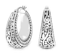 LeCalla Aretes de Aro de Plata Esterlina 925 - Aretes de Aro de Filigrana con Diseño Floral Antiguo y Perlas, Livianos, Estilo Bali, Gruesos, con Cierre de Click para Mujeres - 27 mm