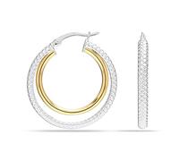 LeCalla Aretes de Aro de Plata Esterlina 925 de Dos Tonos Joyería Chapada en Oro de 14K de Dos Tonos con Textura de Doble Círculo en Tubo Redondo para Mujer - 35mm