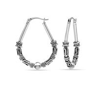 LeCalla Pendientes de aro de plata de ley 925 | Diseño italiano clásico de corte de diamante texturizado | Pendientes de aro ovalados en forma de gota para mujer, Medium Large, Plata de ley, Sin
