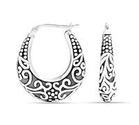 LeCalla Pendientes de aro de plata de ley 925 estilo bali, ligeros, con cierre de clic, antiguos, de dos tonos, estilo italiano Bali, para mujer, Plata de ley, Sin piedra preciosa