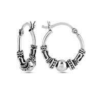 LeCalla Pendientes de aro de plata de ley 925 oxidada, estilo balinés, pequeños aretes de aro antiguos con cuentas de Bali para mujer, Plata de ley, Sin piedra preciosa