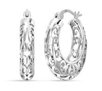 LeCalla Pendientes de plata de ley 925 con filigrana para mujer con tapas de clic, aretes de aro redondos ligeros de filigrana | Pendientes de aro de plata para mujer de 20 mm