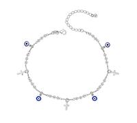 LeCalla Tobillera de plata de ley 925 con diseño de mal de ojo para mujer, tobillera ajustable con cadena de bolas redondas con dije de mal de ojo y cruz, joyería de pie para mujeres, esposa, novia