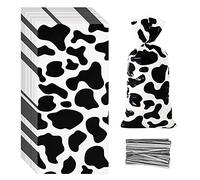 Lecferrarc 100 bolsas de regalo con estampado de vaca, bolsas de celofán de vaca, bolsas de almacenamiento de golosinas de plástico, bolsas de recuerdo de fiesta de animales de granja con lazos