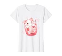 Leche Dulce de Fresa con Gato Kawaii Chibi Ilustración Camiseta gráfica económica, Mujer, Blanco, S