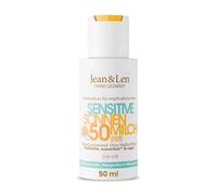 Leche solar Jean & Len Sensitive SPF 50 resistente al agua, protección inmediata para rostro y cuerpo con vitamina E, con filtros UVA y UVB, de rápida absorción, formato de viaje vegano de 50 ml