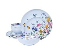 Lechoo Juego de vajilla de melamina de 12 piezas, juegos de platos y cuencos florales, platos de campamento de primavera, uso en interiores y exteriores, patrón de flores y mariposas