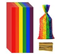 Lecpeting 100 bolsas de dulces de celofán con estampado de rayas de arco iris, bolsas de almacenamiento de golosinas de plástico, bolsas de regalo de fiesta de cumpleaños con lazos giratorios para