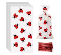 Lecpeting 100 bolsas de regalo de mariquita, bolsas de celofán de mariquita, bolsas de almacenamiento de golosinas de plástico, bolsas de regalo de fiesta de mariquita con lazos giratorios para