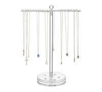Lecreatekit Soporte giratorio para collares, organizador de joyas de metal con base acrílica, estante de exhibición que ahorra espacio para collares, pulseras, llaveros, transparente