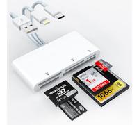 Lector de tarjetas de memoria 5 en 1 con triple conector, adaptador USB C/Lightning/USB-A a SD/TF/MS/XD/CF, transferencia de vídeo fotográfico de alta velocidad de cámara a iPhone, iPad, Android, Mac