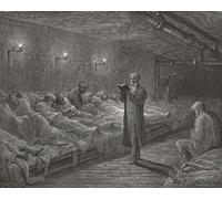Lectura de escrituras a las personas sin hogar apiñadas en un refugio nocturno en Londres del siglo XIX. Después de una ilustración de Gustave Dor en la edición estadounidense de 1890 de Londres: una