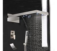 LED Brushed Nickel Waterfall Rain Shower Faucet Tub Spout Hand Shower Set Mixer