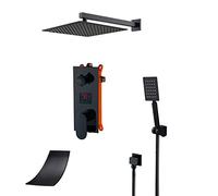 LED Digital Display Shower System Wall Mounted Concealed Shower Faucet Set Multifunction Matte Black Shower Combo Set with Shower Head, Handheld Shower, Waterfall Tub Spout,8 Inch