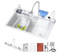 LED Double Waterfall Kitchen Sink with Cup Washer & Soap Dispenser - Countertop Mixer with Touch Controls Workstation Design (68x46x22cm White)