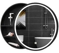 LED Illuminated Round Bathroom Mirror Cabinet - Wall Mounted with Sliding Mirror & 3-Tier Wooden Storage Box for Stylish Home nization