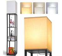 LED Lámpara de Pie de Madera con 3 Estante, 1.6m Lámpara de Piso (Incluida 3000K-5000K E27 Bombilla), 3 temperaturas de color Retro Luz de Pie, Lámpara de Noche para Salón Dormitorio Estudio Oficina