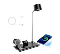 LED Lámparas de Mesita 15W Inalámbrica Cargador Lámpara de Mesa con 3 Modos de Color Táctil Regulable Lámpara de Noche con Bluetooth Altavoz & Reloj Iluminación de Mesa Rotación para Estudio (Negro)