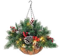 LED Pre-Lit Artificial Christmas Hanging Basket with Pinecones,Red Berries,15 Inch Winter Decorative Holiday Planter,Battery Powered Festive Hanging Planter,Outdoor Xmas Holiday Decor (1)