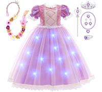 LED Princesa Vestido Niña Disfraz de Princesa con Peluca Collar Varita Mágica Corona Halloween Carnaval Navidad Cosplay Disfraces para Niña 3 4 5 6 7 8 9 10 Años (100)