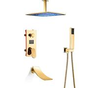 LED Shower System with Digital Display Golden Shower Faucet Set with Waterfall Tub Spout Rain Mixer Shower Combo Set with Square Rainfall Shower Head System with Handheld Shower Se