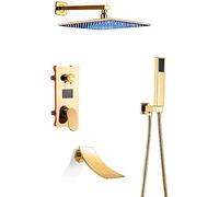 LED Shower System with Digital Display Golden Shower Faucet Set with Waterfall Tub Spout Rain Mixer Shower Combo Set with Rainfall Shower Head System with Handheld Shower Set,8 Inc