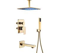 LED Shower System with Tub Spout Square Rainfall Shower Head System with Handheld Shower Set, Ceiling Installation Golden Shower Faucet Set,16 Inches