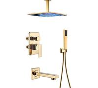 LED Shower System with Tub Spout Square Rainfall Shower Head System with Handheld Shower Set, Ceiling Installation Golden Shower Faucet Set,10 Inches