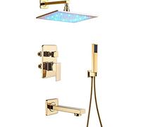 LED Shower System with Tub Spout Square Rainfall Shower Head System with Handheld Shower Set, Wall Mounted Golden Shower Faucet Set,8 Inches