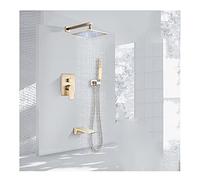 LED Shower System with Waterfall Tub Spout and Handheld Shower Head, Brushed Gold Rain Shower Faucet Sets Complete for Home Bathroom Hotel Outdoor,16inch