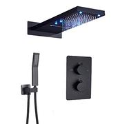 LED Thermostatic Matte Black Rain Mixer Shower Combo Set Wall Mounted Bathroom Shower Faucet Set with Rainfall Shower Head, Handheld Shower,Showerheads