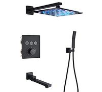 LED Thermostatic Shower System with Tub Spout Square Rainfall Shower Head System with Handheld Combo Set, Embedded Installation Black Shower Faucet Set Complete,12 Inches