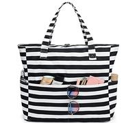 LEDAOU Bolsa de playa grande con cremallera para mujer, impermeable, bolsa de transporte, bolsa de transporte a prueba de arena con cremallera, piscina, fitness, bolsa de viaje familiar, Rayas blancas