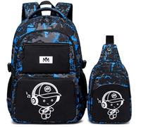LEDAOU Mochila escolar para niños, mochila escolar para niños, niñas, adolescentes, mochila escolar con bolsa de almuerzo, preescolar, escuela primaria, Graffiti Azul, M
