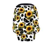LedBack Funda elástica para asiento de coche con estampado de vaca y girasol para bebés, cubierta de lactancia, cubierta de lactancia materna, toldo suave y transpirable para asiento de coche de bebé