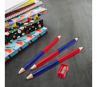 Leddy Living Juego de 3 lápices bicolor rojo y azul XL de 18 cm con sacapuntas incluido, sección hexagonal extra ancha y mango ergonómico para escuela, oficina y creatividad