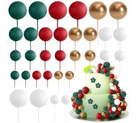 Ledeak 32 Piezas Bolas Decoración para Tartas, Adornos de Bolas para Pasteles Espuma Decoración, Topper Cake Bola Decoración de Inserción de Pastel para Cumpleaños Bodas (Verde, Rojo, Dorado, Blanco)