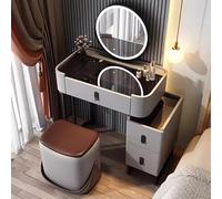 LEDLightedVanityDesk360°RotatingMirrorTemperedGlassMakeupTableStorageStoolSetGrayBeautyStation50cmIdealforMakeupLovers