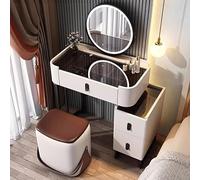 LEDMakeupVanityDeskwithRotatingMirror70cmTempledGlassWhiteDressingTableSetwithStorageLights&StoolforGlamorousBeautyRoutine