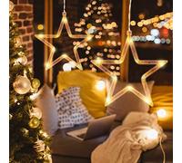 Ledmomo Iluminación navideña: estrella de 5 puntas, luz de ventana con ventosa y pilas para decoración navideña (luz blanca cálida)