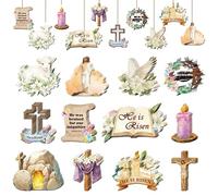 Lednica 36 piezas de decoración de árbol de Pascua He is Risen Christian Lily Cross Adornos colgantes de madera con cuerda, decoración religiosa de primavera para decoración de fiesta en el hogar y