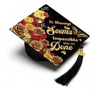 Lednica Gorra de graduación inspiradora con purpurina negra y dorada para graduados, siempre parece imposible hasta que lo haga, decoración motivacional para ceremonia de graduación y fotos