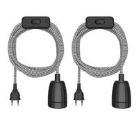 ledscom.de 2 piezas cable textil LEHA II, enchufe, interruptor, negro, blanco, dentado, 3 m, toma de porcelana, 1x E27 máx. 300W