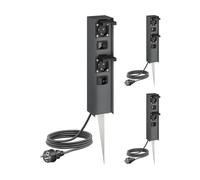 ledscom.de Columna de enchufes para jardín POMI de 3 Tomas con estaca para Clavar en el Suelo y Cable para Exterior con Interruptor, IP44, Doble, Acero Inoxidable, Antracita, Rectangular, 33 cm
