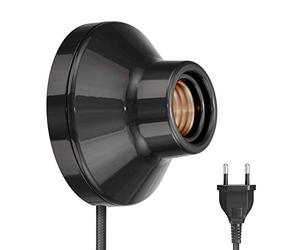 ledscom.de Portalámpara ELEKTRA, enchufe, interruptor, porcelana, negro brillante, redondo, 1x E27 máx. 300W