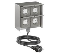 ledscom.de Toma de corriente exterior de 4 salidas STEDDA con cable de 2 m, IP44, acero inoxidable, diseño cuadrado; tomas de corriente para jardín, terraza y exteriores