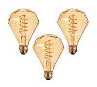 LEDSone Bombilla LED Edison vintage de 4 W con rosca E27. Lámpara antigua de filamento LED de vidrio con un diseño elegante (diamante). (Paquete de 3)