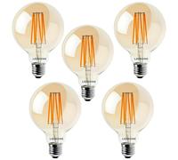 LEDSone Bombillas LED Regulables G95 E27 Estilo Edison, 8 W, 800 Lúmenes, Filamento Decorativo, Ámbar, Cristal, Luz Blanca Cálida, 2700 K (Paquete de 5)