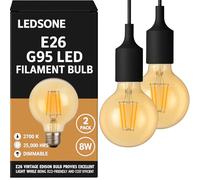 LEDSone Bombillas LED Regulables G95 E27 Estilo Edison, 8 W, 800 Lúmenes, Filamento Decorativo, Ámbar, Cristal, Luz Blanca Cálida, 2700 K (Paquete de 2)